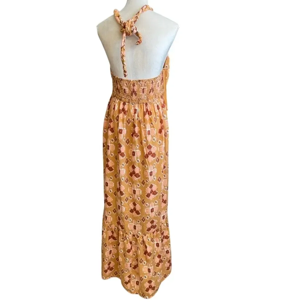 Aerie Linen Blend Braided Halter Maxi Dress Aztec Geometric Print Orange Size XL - Picture 3 of 5